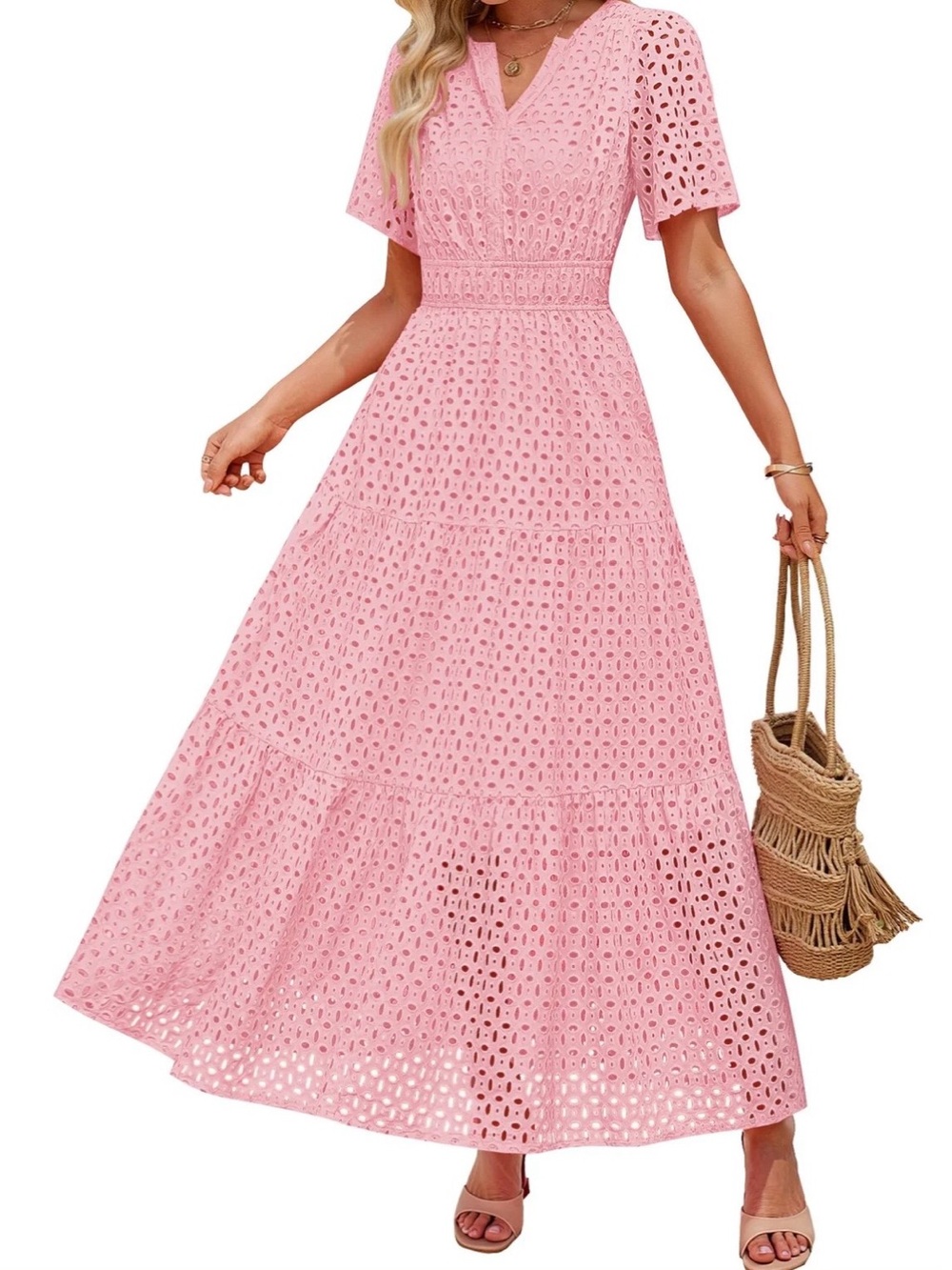 Pink Eyelet V-Neck Maxi Dress with Smocked Waist